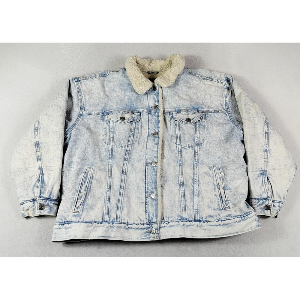 Gap Denim Trucker Jacket Mens XL Blue Sherpa Lined Acid‎ Washed Work Utility